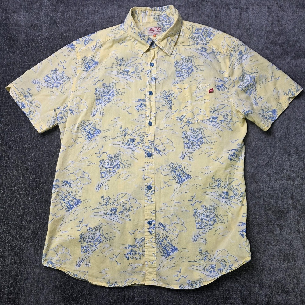 Lost At Sea Shirt Mens Large Yellow Pirates Sword Fighting Allover Print Cotton